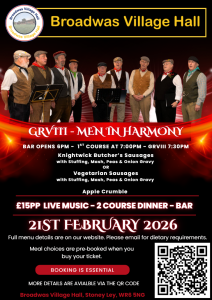 5:30pm, Saturday, 21st February 2026 The outstanding GRVIII, the male vocal harmony group known for raising thousands for the Midlands Air Ambulance, are coming to Broadwas Village Hall for a night of music, great food, and community spirit.